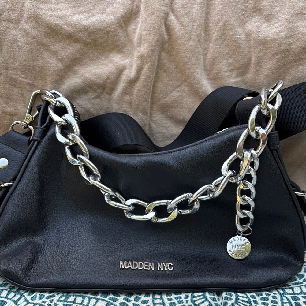 Steve Madden Black Structured Shoulder Bag with Silver Chain